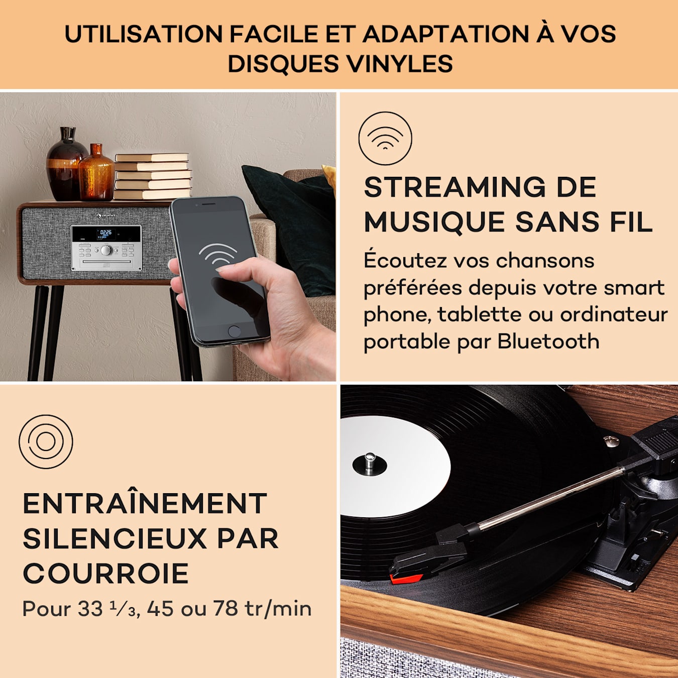 Auna Platine Vinyle, Tourne Disque Vinyle, Tourne-disques Audio Vinyle 33  Tours en Verre Acrylique, Chaine HiFi, Platine Vinyle, Lecteur Vinyles