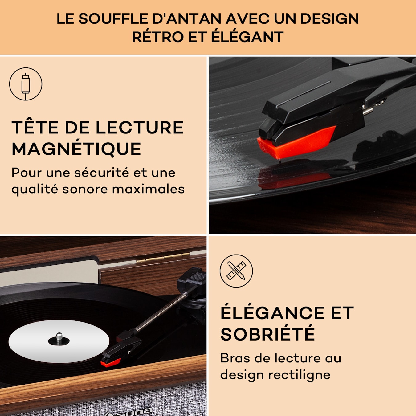 Mary Ann platine vinyle, 33 ⅓, 45 et 78 tours, 24 W maxi, lecteur CD, Bluetooth, enregistreur USB, radio DAB+ & FM, enceintes stéréo : 9 W RMS, télécommande