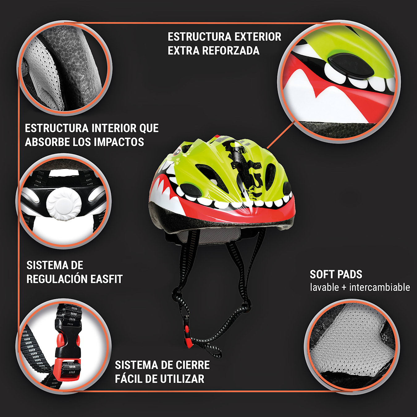 Casco para bicicleta para niños, de 2 hasta 7 años, exterior:  policarbonato Microshell, interior: EPS absorbente a los impactos, almohadillas suaves y cambiables, sistema de ventilación, ajuste S