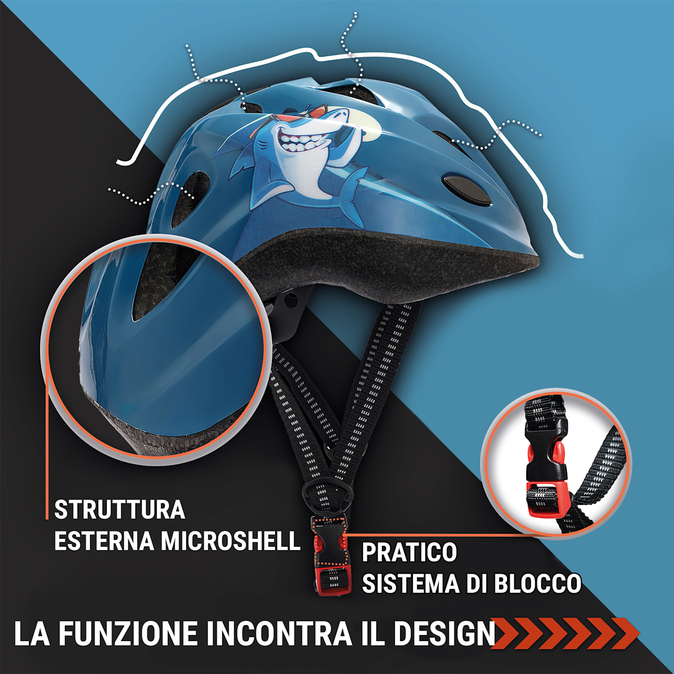 Casco da bicicletta per bambini, da 2 a 7 anni, Scocca esterna in  policarbonato Microshell, Scocca interna in EPS ammortizzante, Imbottiture morbide lavabili e sostituibili, Sistema di ventilazio S