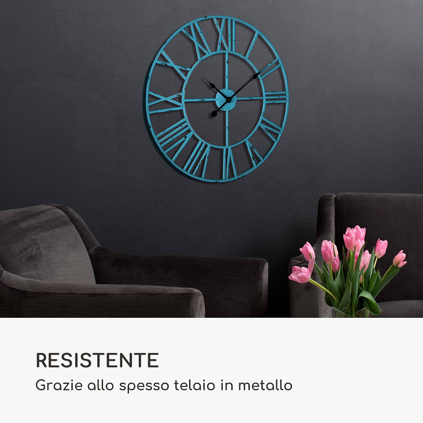 Queensway 60 - Orologio da parete, Struttura in metallo, Dimensioni: Ø 60  cm, Lancette vintage, Numeri romani, Movimento al quarzo, A batteria