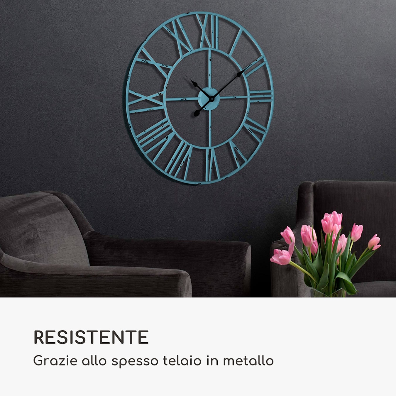 Queensway 80 - Orologio da parete, Telaio in metallo, Dimensioni: Ø 76 cm, Lancette vintage, Numeri romani, Movimento al quarzo, A batteria