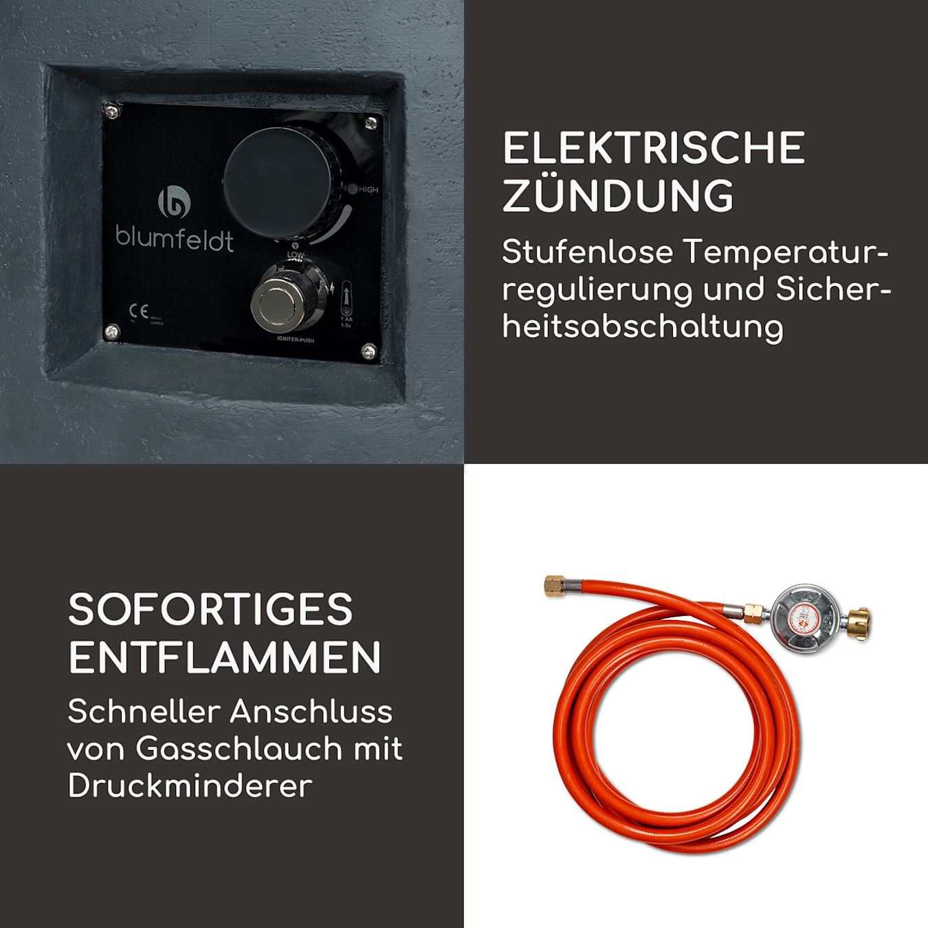 | Freiluftheizung Zündung Lavastei | 40.000 | Brenner in mit | Stahl Holzoptik Gasheizer Gas-Feuerstelle Pilos kW | 13 inkl. Schlauch/Druckminderer | Terrassenheizer aus elektronische BTU mit Dunkelgrau Deckel /