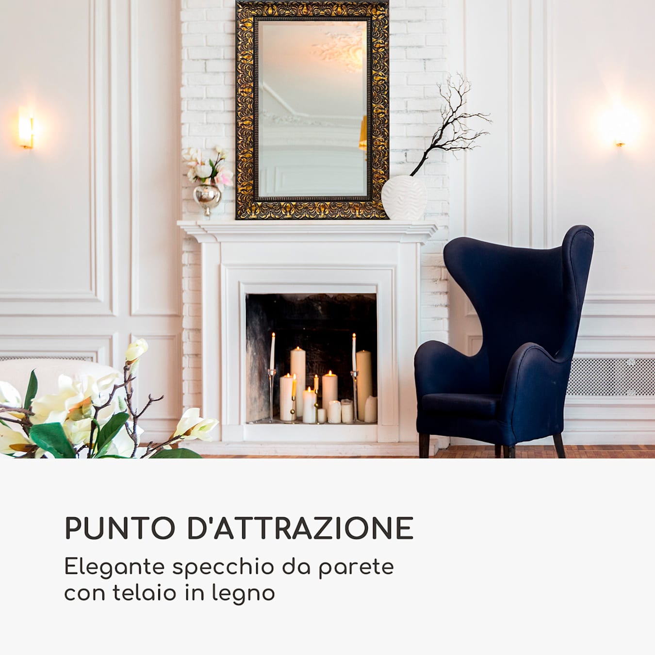 Specchio da parete con cornice rettangolare in legno.