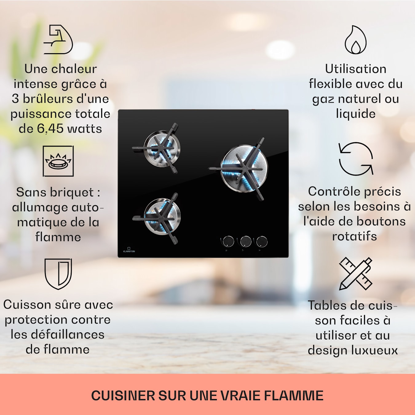 Trifecta 3 Plaque de cuisson à gaz, 3 feux, Autonome, Brûleur rapide,  brûleur normal, brûleur auxiliaire, Gaz naturel/propane, Soupapes de  sécurité, Protection contre les défaillances de flammes 3 brûleur