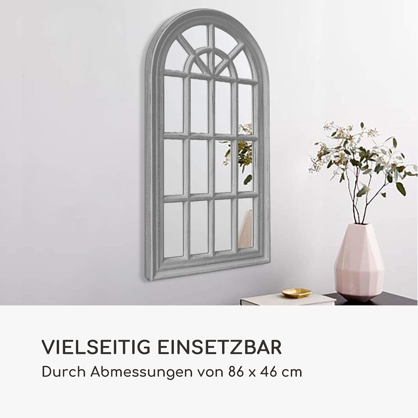 Savile Französischer Fensterspiegel Wandspiegel | gebogene Oberseite |  mehrere Spiegelabschnitte | Größe: 86 x 46 x 3,5 cm | feste  Rahmenkonstruktion Grau