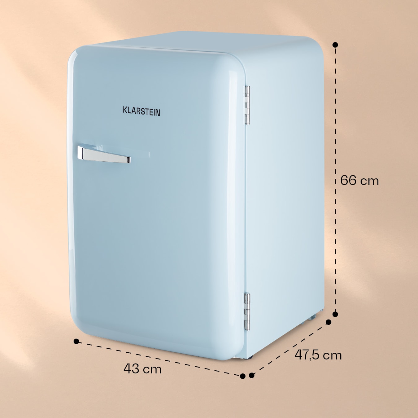 Mysterieus Kwelling Rustiek Audrey mini retro koelkast | volume: 70 liter | temperatuur: 0-10 °C | 4  niveaus | 2 deurvakken | 3 schappen | compressiekoeling | binnenverlichting  | mechanische thermostaat | retro design | jaren 50 Pastelblauw