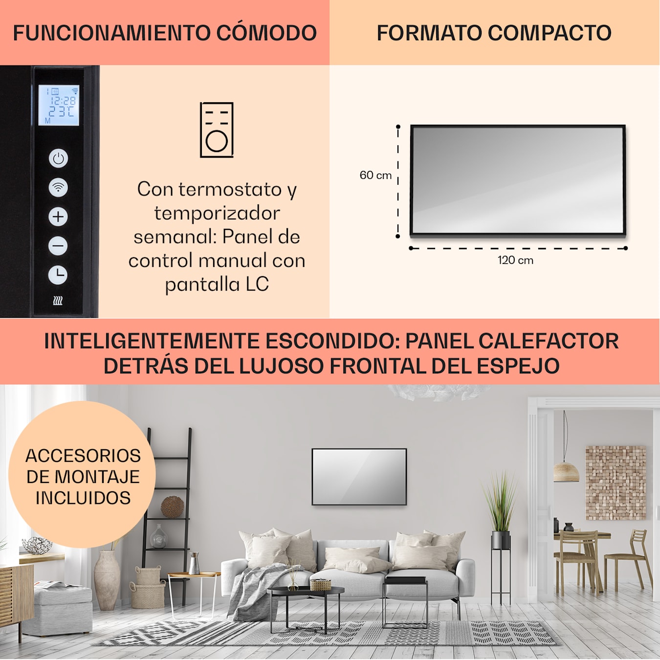 Calefactor para baño con termóstato regulable 1000/2000W - THE SECRET HOME