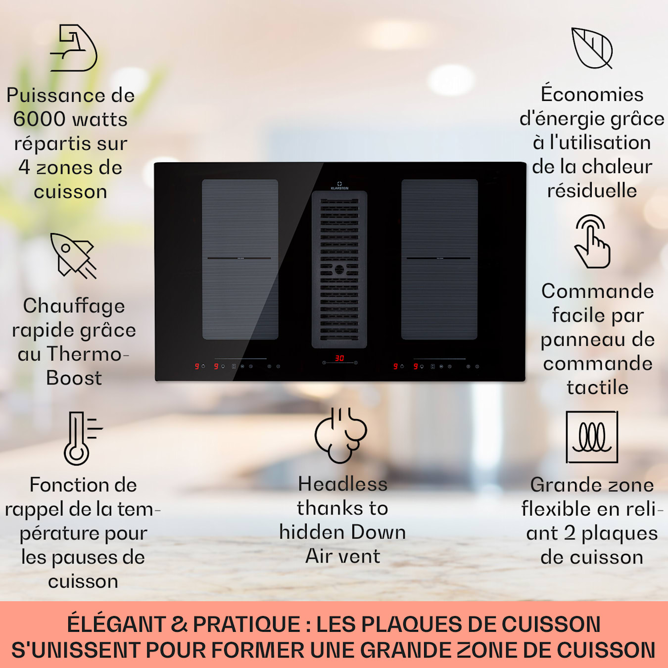 Full House DownAir Table de cuisson à induction avec hotte aspirante, Hotte aspirante, Hotte de table, Encastrable, Autonome, 88 cm, 4 zones, Zones flexibles avec booster, 7120 W, 477 m³/h Dé 88 cm