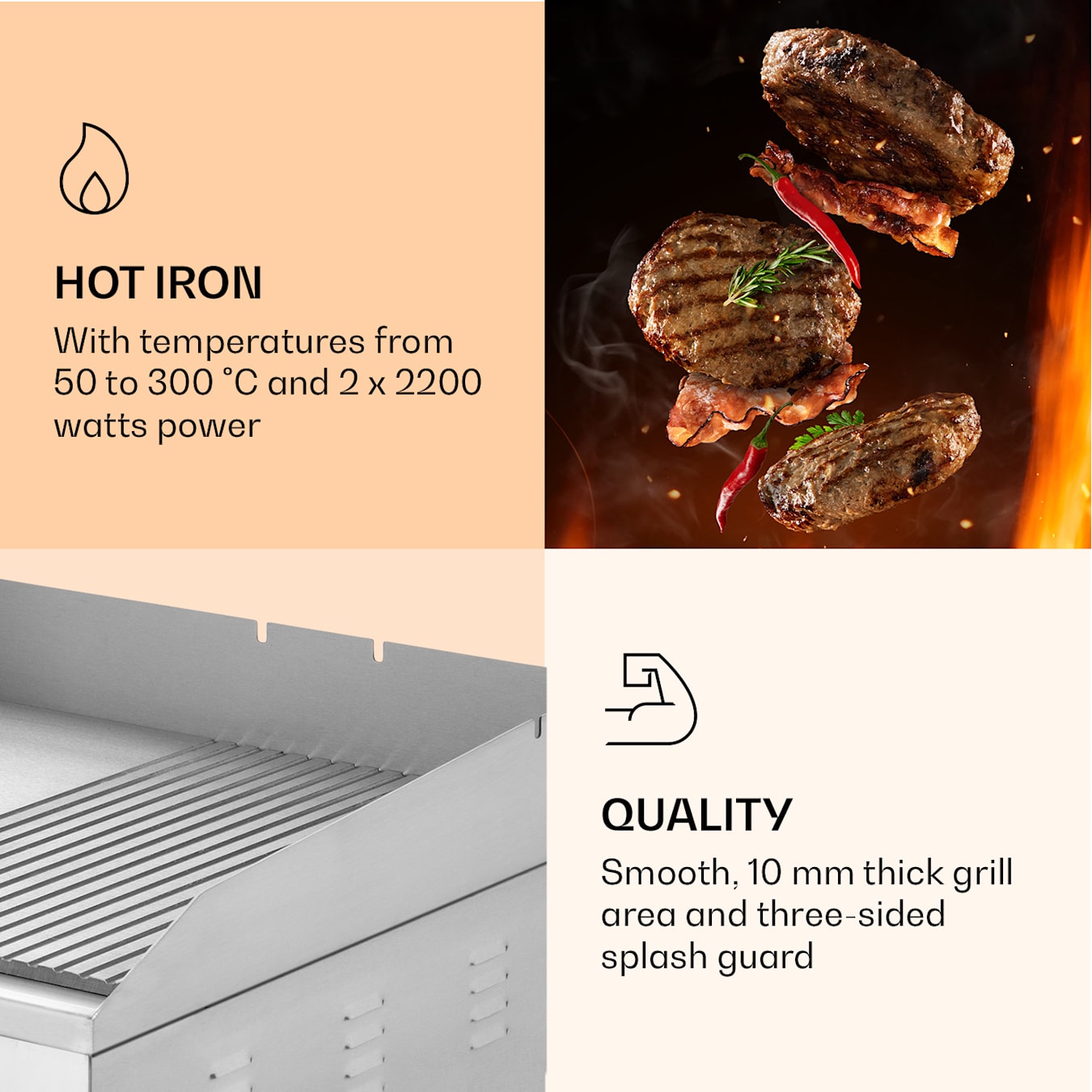 Grillmeile 4400 Gastro Grelhador elétrico, 73x42 cm (ondulado), Variação  contínua até 300 °C, 4400W, Protetor de salpicos, Tabuleiro de recolha  de gordura