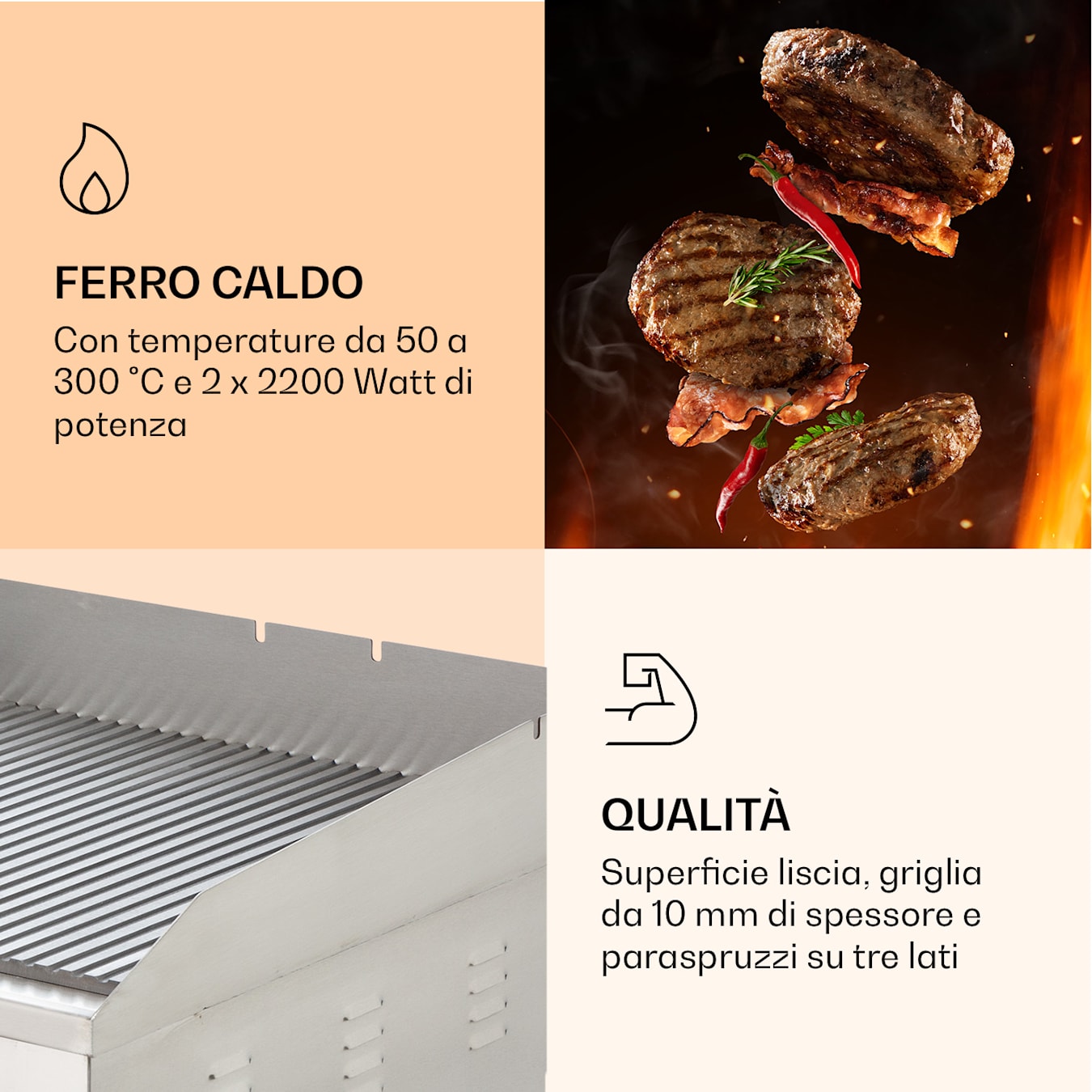 Grillmeile 4400 Gastro Griglia elettrica, 73 x 42 cm (rigata), Funzionamento continuo fino a 300 °C, 4400W, Paraspruzzi, Vaschetta  raccogli grasso, incl. scaldavivande e spatola per grigliare Pl Superficie  per grigliare scanalata