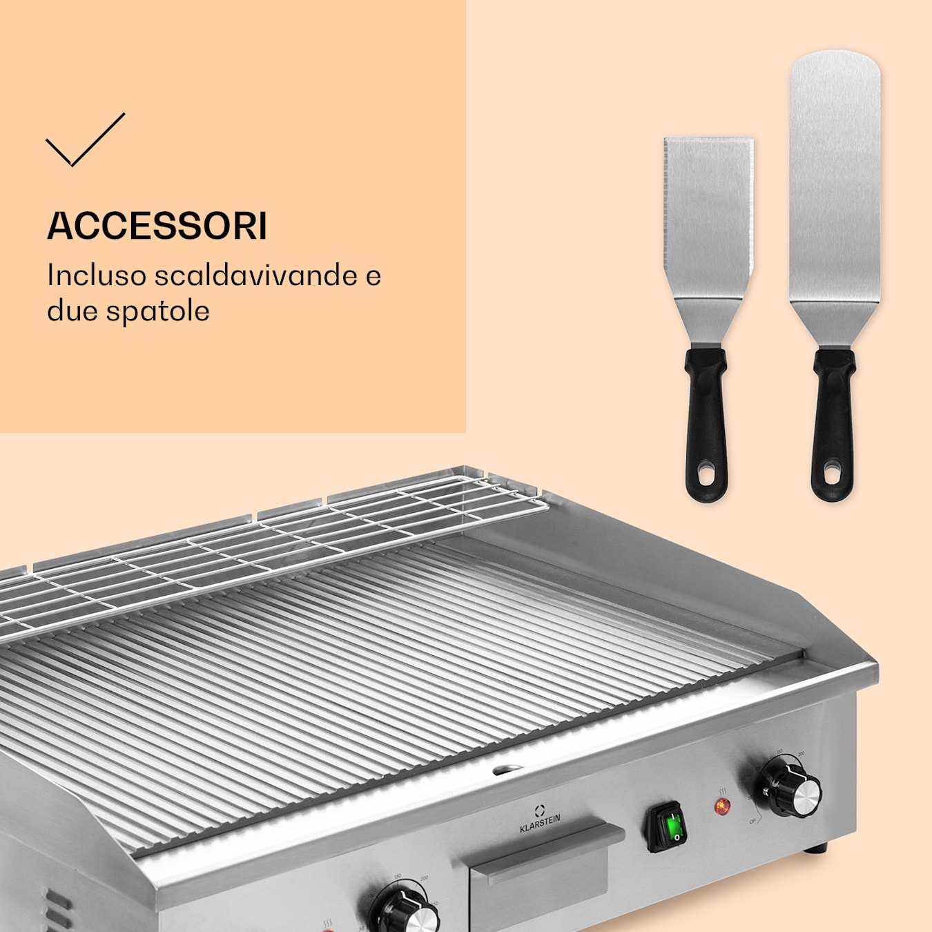 Grillmeile 4400 Gastro Griglia elettrica, 73 x 42 cm (rigata), Funzionamento continuo fino a 300 °C, 4400W, Paraspruzzi, Vaschetta  raccogli grasso, incl. scaldavivande e spatola per grigliare Pl Superficie  per grigliare scanalata