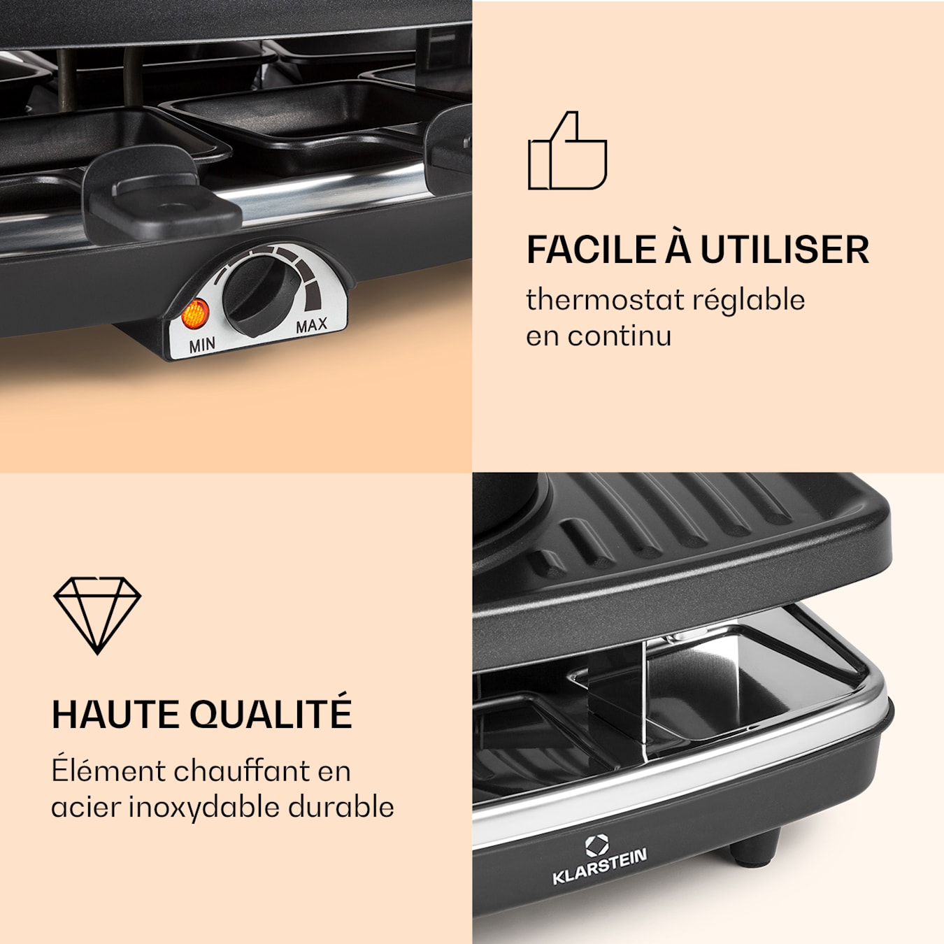 Entrecôte 2-en-1 Appareil à raclette & fondue, 1100W, 2-en-1 : plaque en  métal & pierre naturelle, élément chauffant en acier inoxydable, 8  personnes, 8 poêlons à raclette