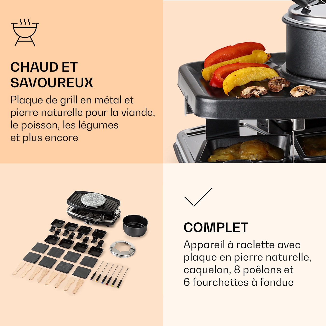 Entrecôte 2-en-1 Appareil à raclette & fondue, 1100W, 2-en-1 : plaque en  métal & pierre naturelle, élément chauffant en acier inoxydable, 8  personnes, 8 poêlons à raclette