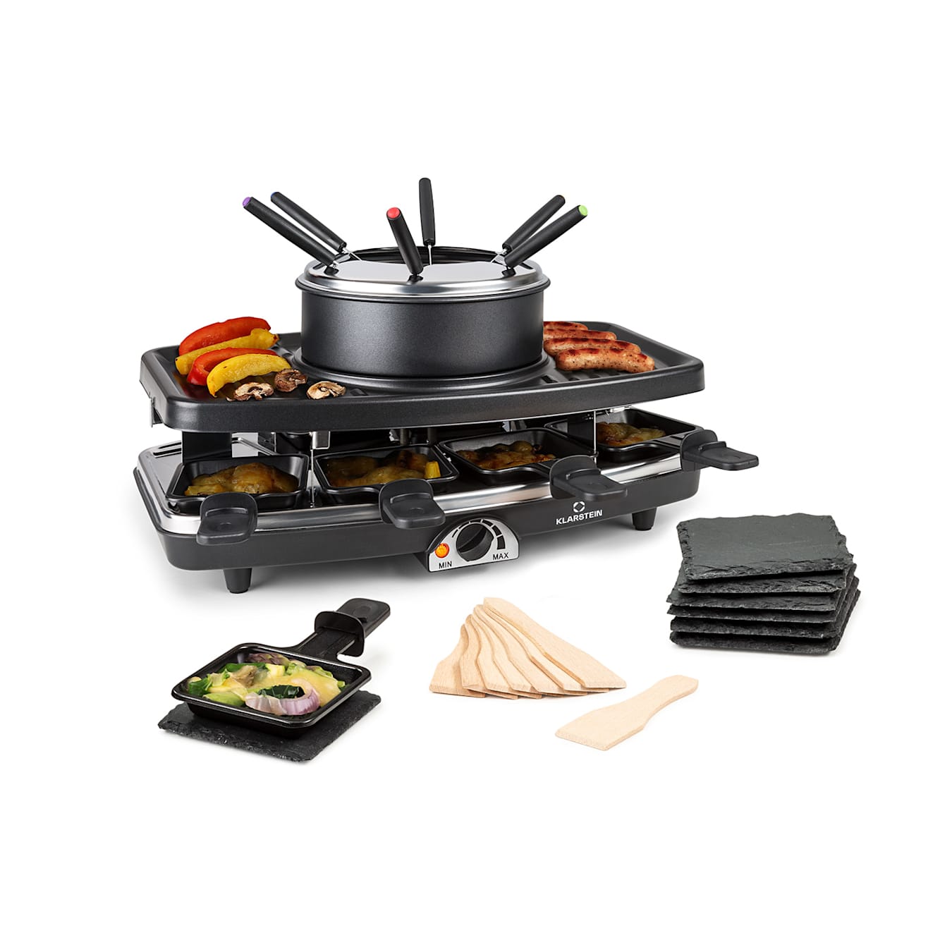 Entrecôte 2 en 1 parrilla raclette y fondue, 1100W, 2 en 1: placa de  metal y piedra natural, elemento calentador de acero inoxidable, 8  personas, 8 sartenes para raclette