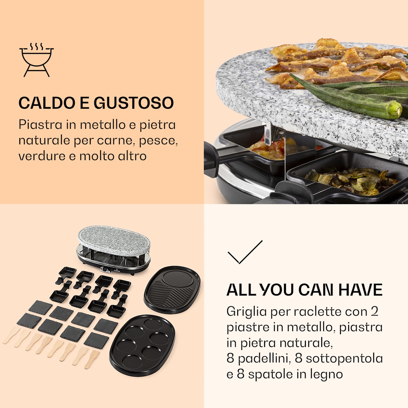 All-U-Can-Grill Raclette Griglia da raclette, 4-in-1, Per pancake, Piastra in pietra, 8 persone, 8 padelline da raclette & appoggi, Ardesia, Spatola, Rivestimento antiaderente