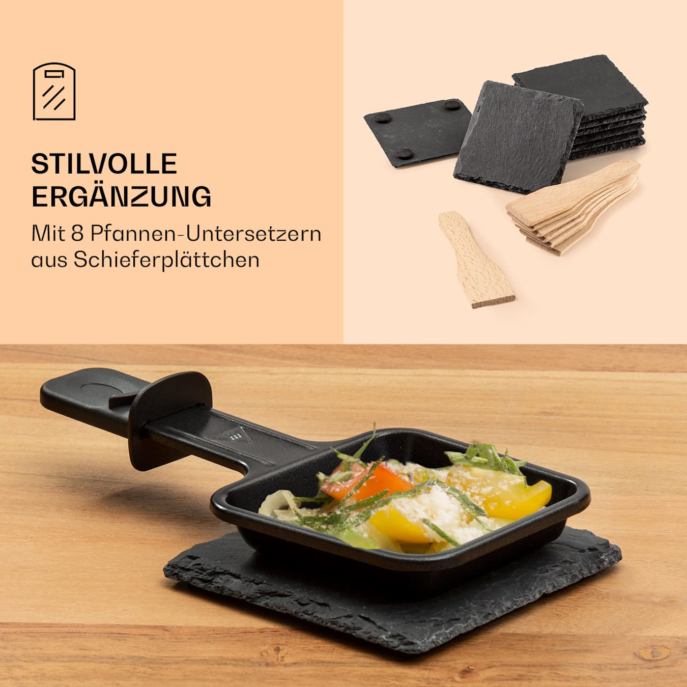 Steaklette + coasters + spatole, Piastra in pietra naturale per grigliare, Per 8 persone, Incl. 8 padelline da raclette & appoggi in ardesia e  spatole, Rivestimento antiaderente