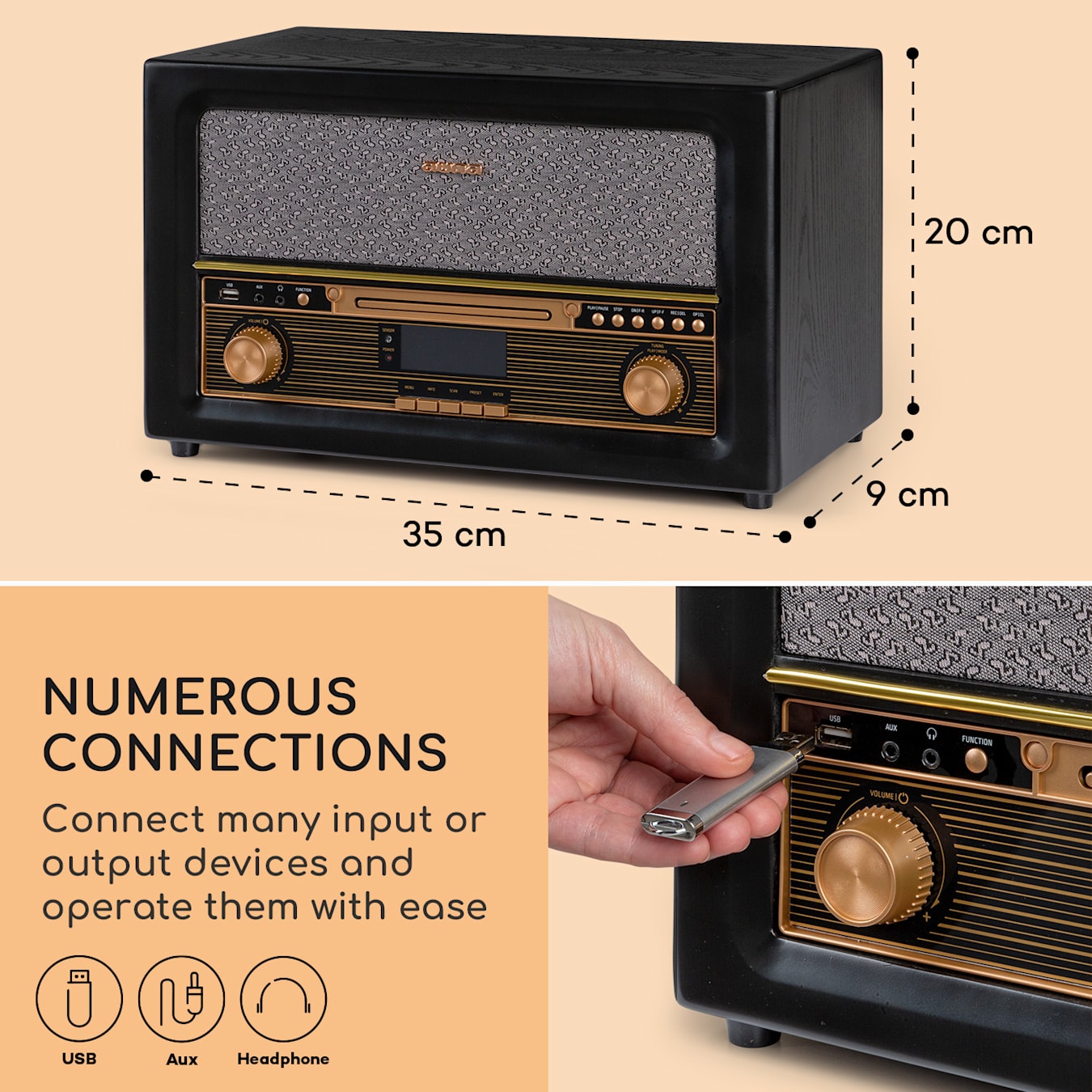 Stéréo vintage, radio dab+-fm, lecteur cd-mp3, stéréo, bluetooth