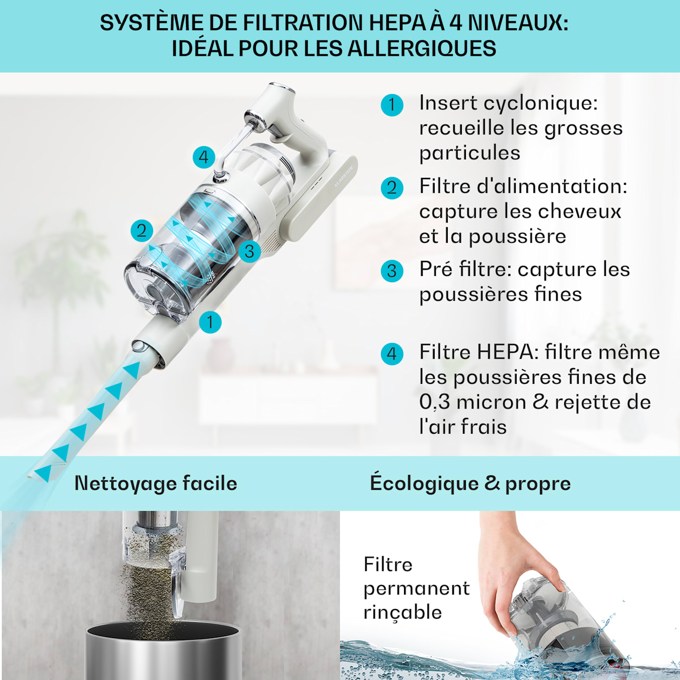 Klarstein Aspirateur Balai Sans Fil Puissant et Silencieux, Aspirateur sans  fil et Sans Sac, Modes Dry/Wet