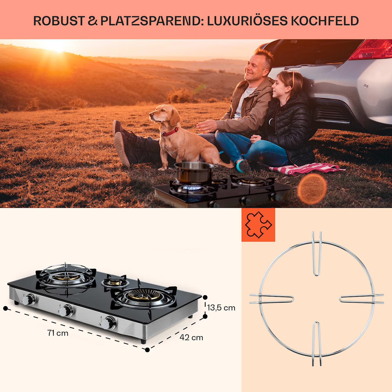 Barzona 3 Campingkocher Gaskochfeld, 3 Brenner, 3,4 kW & 0,75 kW & 4,3 kW, Glasplatte & Edelstahlgehäuse, stufenlose Drehknöpfe, Piezozündung, Flammendurchschlagsicherung, inkl. Gasschlauch & D 3 Brenner