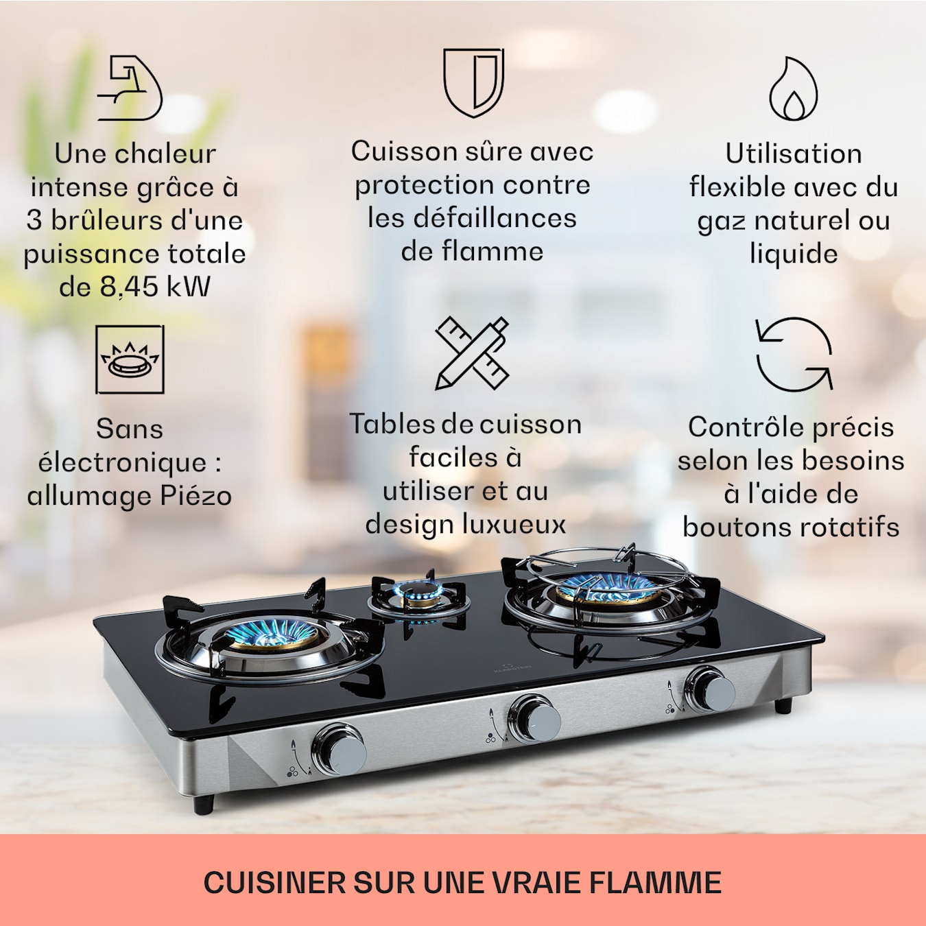 Barzona 3 Réchaud de camping Plaque de cuisson à gaz, 3 brûleurs, 3,4 kW  & 0,75 kW & 4,3 kW, plaque de verre & boîtier en acier inoxydable