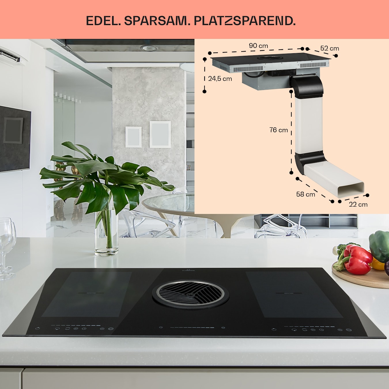 Full House 3.0 DownAir Table de cuisson à induction avec hotte aspirante  par le bas, Hotte Down Air, Hotte de table, Encastrable, Autonome, 90  cm, 4 zones, 2 zones flexibles, 7150 W