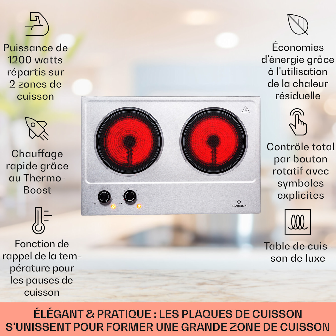 Ramsey Plaque de cuisson double, 2400W, Infrarouge, Plaque de cuisson  mobile, Plaques vitrocéramiques, 2 x 18 cm (Ø) zone de cuisson, 11  niveaux de température, Protection contre la surchauffe 2