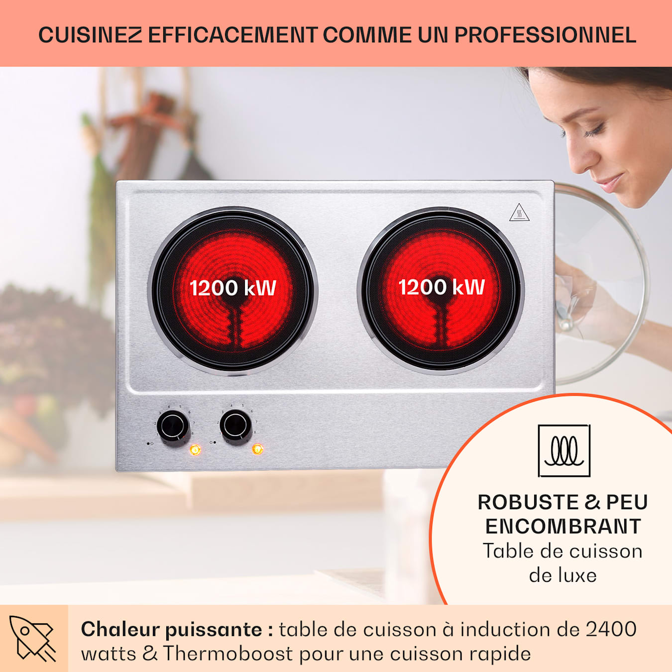 Ramsey Plaque de cuisson double, 2400W, Infrarouge, Plaque de cuisson  mobile, Plaques vitrocéramiques, 2 x 18 cm (Ø) zone de cuisson, 11  niveaux de température, Protection contre la surchauffe 2