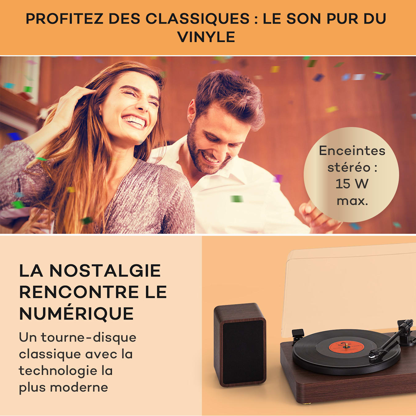 TT-Play Prime Platine Vinyle Métallique, Entraînement par courroie à 33 1/3  et 45 tr/min, 2 enceintes stéréo, Puissance RMS : 2 x 15 watts