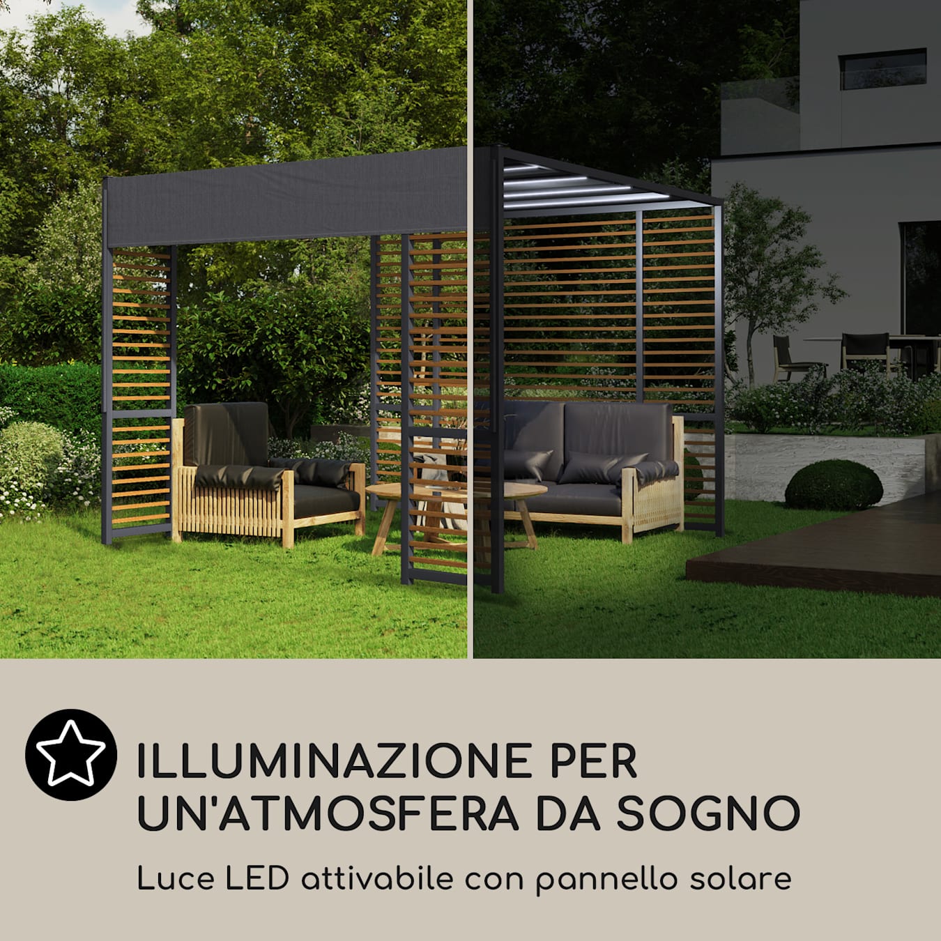 Valence gazebo 3x3 m, UV50+, idrorepellente, illuminazione solare a LED,  pannello solare Puntoni orizzontali