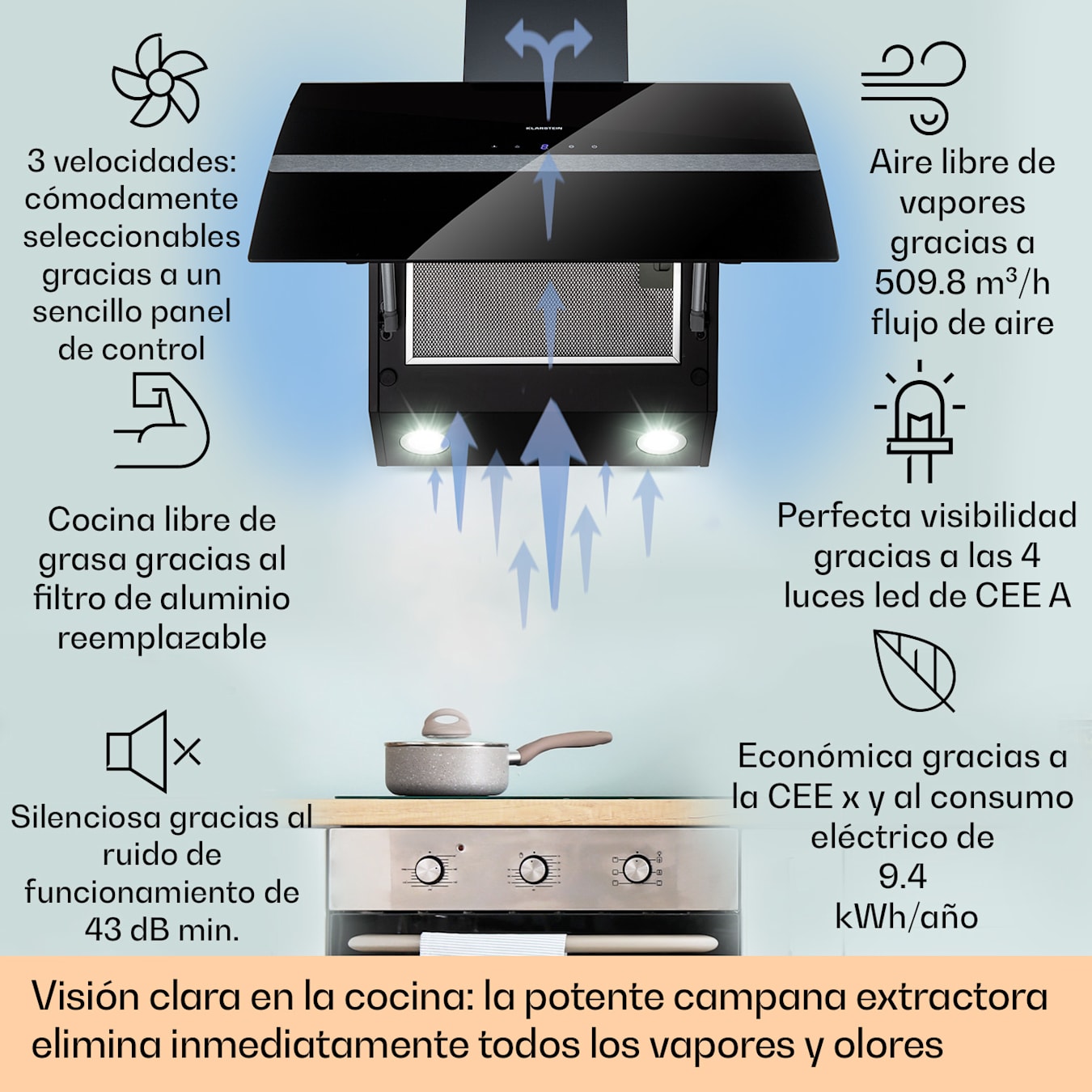 Klarstein Clara Campana Extractora 90 cm Angular, Campanas Extractoras,  Extractor Cocina con Filtro Aluminio para Grasa, Apto Lavavajillas, Flujo  de