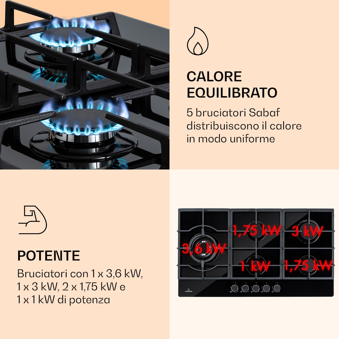 Ignito 4 zone piano cottura a gas, 4 fuochi, autarchico, 60 cm, incasso, Potenza: 9,1 kW, Gas naturale/propano, sistema d'accensione elettrica, protezione anti-spegnimento della fiamma