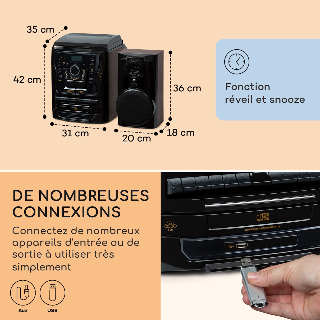 auna Wallie Micro chaîne Lecteur CD Bluetooth port USB + télécommande -  noire Noir