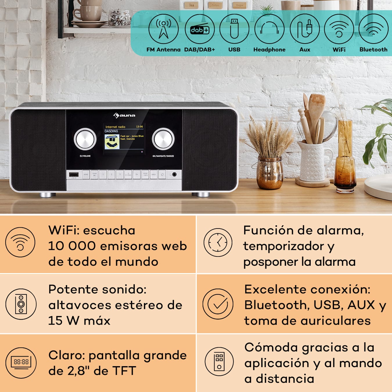 auna Connect 120 MKII Radio de internet Reproductor multimedia, Altavoces  estéreo 2.0, Pantalla TFT de color de 2,8, Bluetooth, WLAN, DAB/DAB+/FM, USB, Entrada y salida AUX, App UNDOK