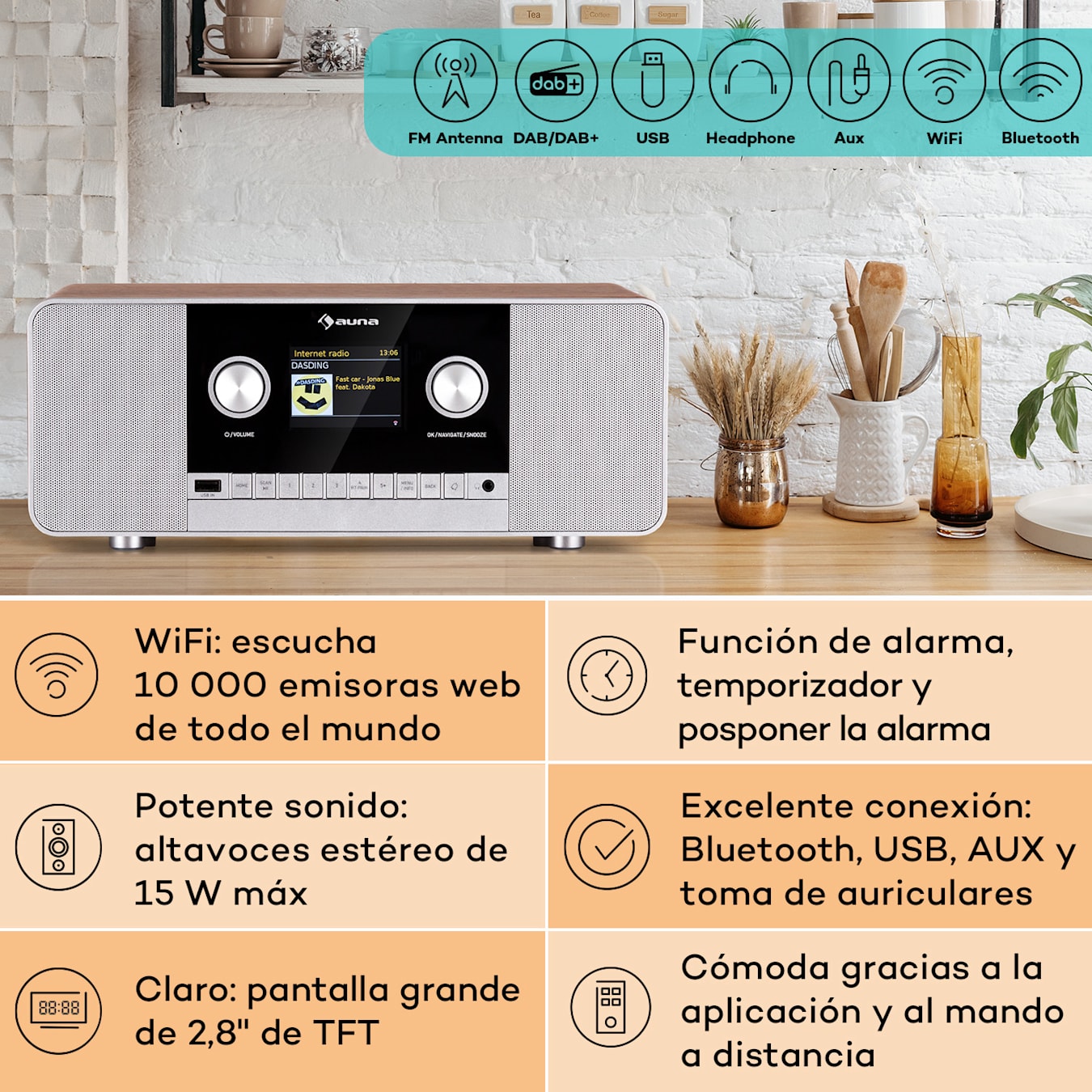 auna Connect 120 MKII Radio de internet Reproductor multimedia, Altavoces  estéreo 2.0, Pantalla TFT de color de 2,8, Bluetooth, WLAN, DAB/DAB+/FM, USB, Entrada y salida AUX, App UNDOK