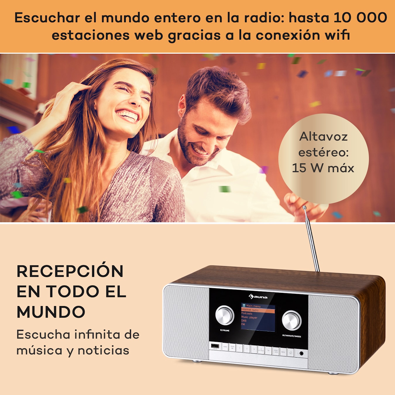 auna Connect 120 MKII Radio de internet Reproductor multimedia, Altavoces  estéreo 2.0, Pantalla TFT de color de 2,8, Bluetooth, WLAN, DAB/DAB+/FM, USB, Entrada y salida AUX, App UNDOK