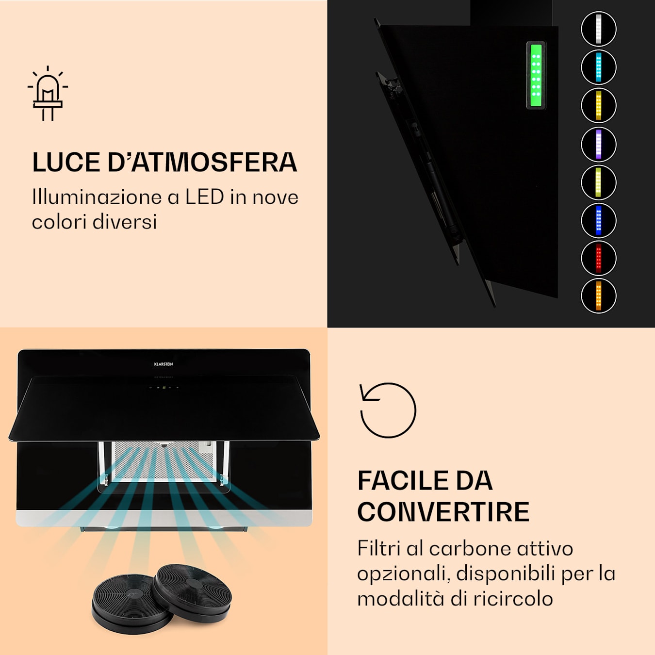 Aurora 90 Smart Cappa senza testa, 90 cm, 550 m³/h, 3 livelli, CEE A++, Luce ambiente RGB, Modalità aria di scarico/ricircolo, Touch, Controllabile via app, LED, Frontale di vetro, Cappa as 90 cm