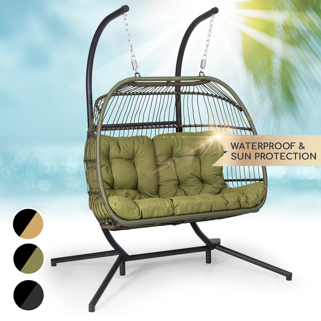 bescherming besluiten Bestuiver Biarritz Double hangstoel | tweezitter | ontspannende swingbeweging |  outdoor & indoor | zacht polyester zitkussen | zitting van polyrotan en  nylon | stabiele standvoet van aluminium | max. belasting: Tweezits |  Donkergroen