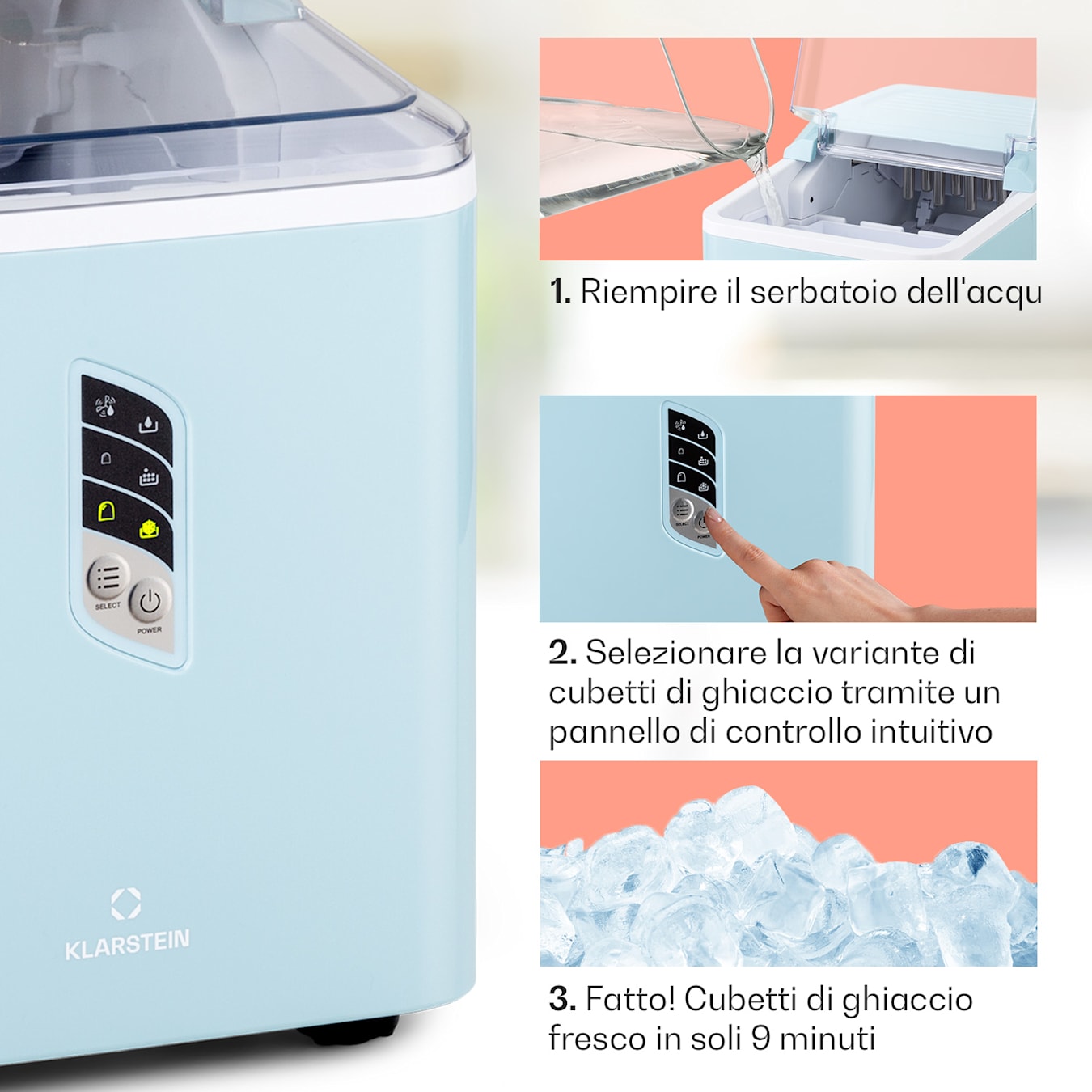 Macchina per la produzione di cubetti di ghiaccio Albaron, 12kg/24h, Cubetti: 2 dimensioni, Tempo di produzione: 9 minuti, Serbatoio  dell'acqua da 1,5 litri, Display LCD, Autopulente