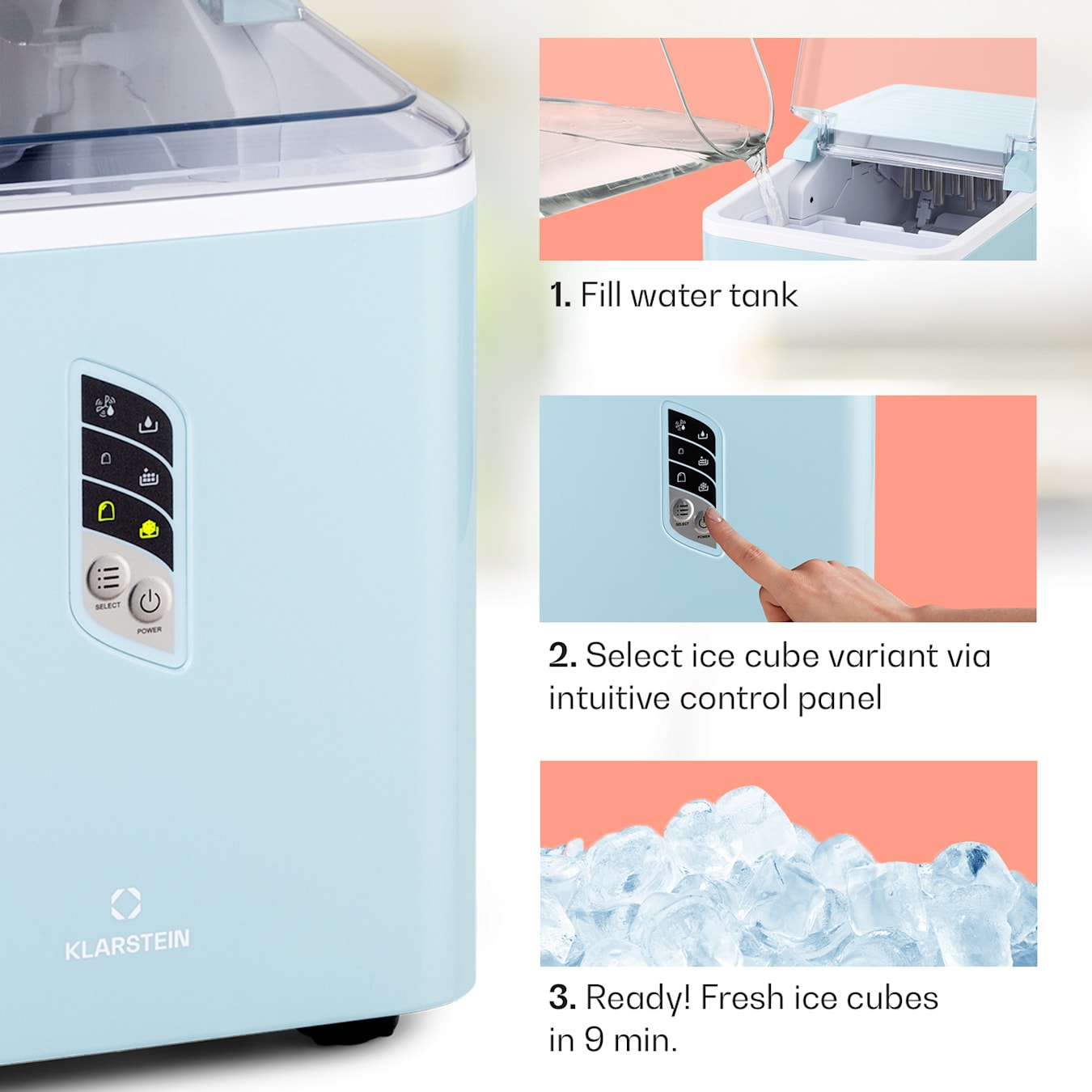 Albaron ijsblokjesmachine ijsblokjesmaker | 12 kg/24 uur | bullet ijs: 2 formaten | productietijd: 9 minuten | watertank: 1,5 liter LC display | zelfreinigend | bevat geen BPA | ijsblokjesmachine | Blauw