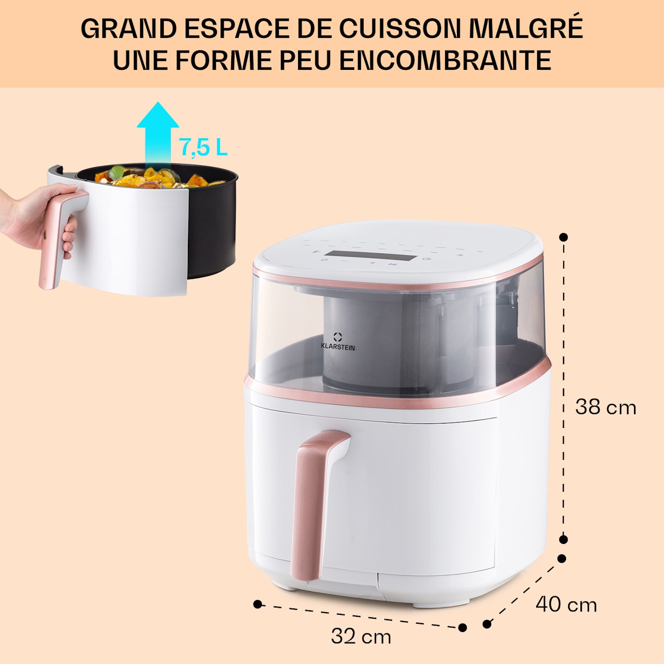 Air Bloom friteuse à air chaud avec fonction vapeur, Puissance : 1500 W, Volume : 7,5 litres, Touch Control, 16 programmes, Température : 40 -  200 °C, Minuterie de mise en marche