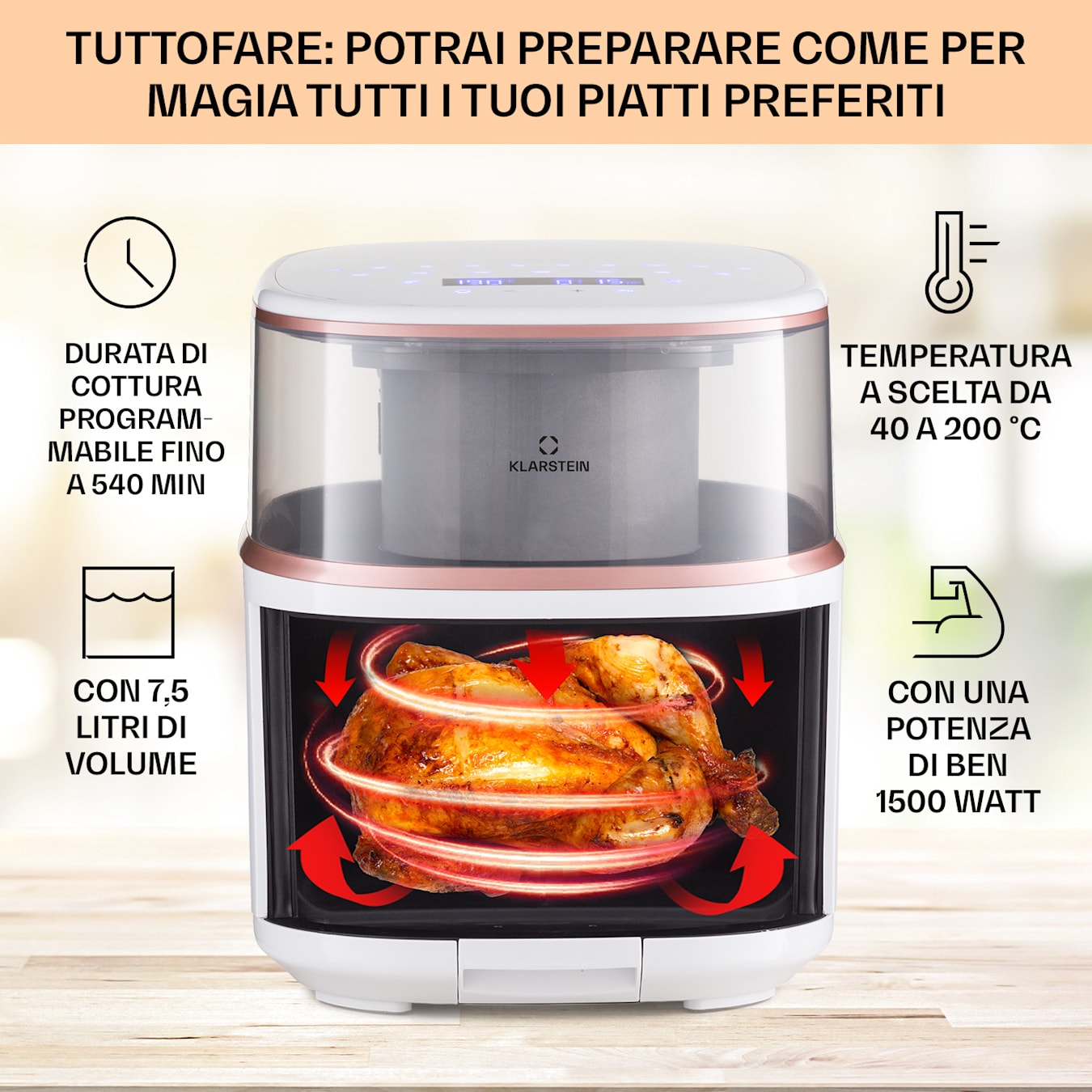 Air Bloom Friggitrice ad aria calda con funzione vapore, Potenza: 1500 W, Volume: 7,5 litri, Touch Control, 16 programmi, Temperatura: 40 - 200 °C, Timer di accensione