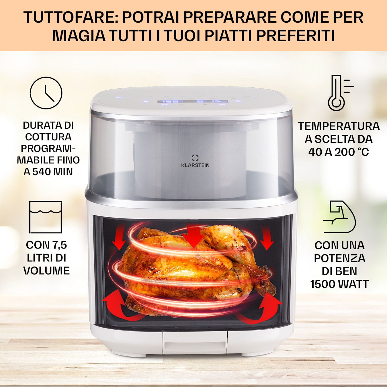 Air Bloom Friggitrice ad aria calda con funzione vapore, Potenza: 1500 W, Volume: 7,5 litri, Touch Control, 16 programmi, Temperatura: 40 - 200 °C, Timer di accensione