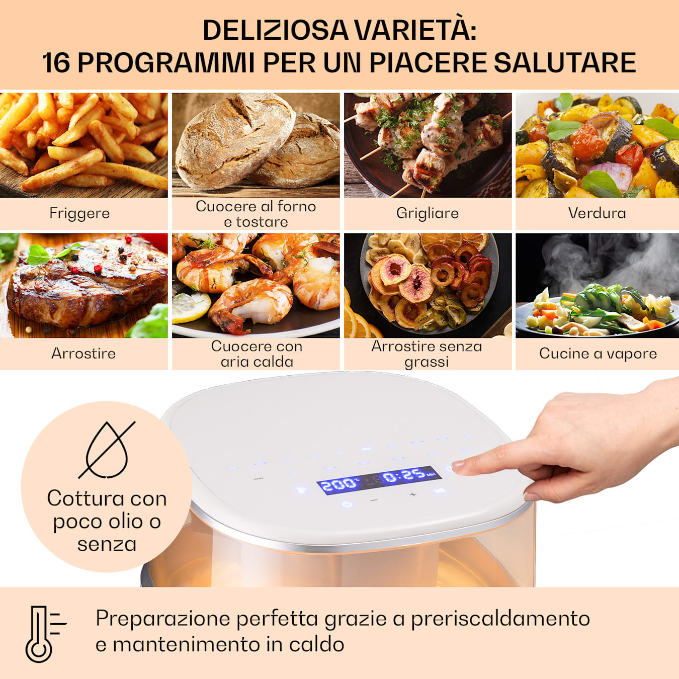 Air Bloom Friggitrice ad aria calda con funzione vapore, Potenza: 1500 W, Volume: 7,5 litri, Touch Control, 16 programmi, Temperatura: 40 - 200 °C, Timer di accensione