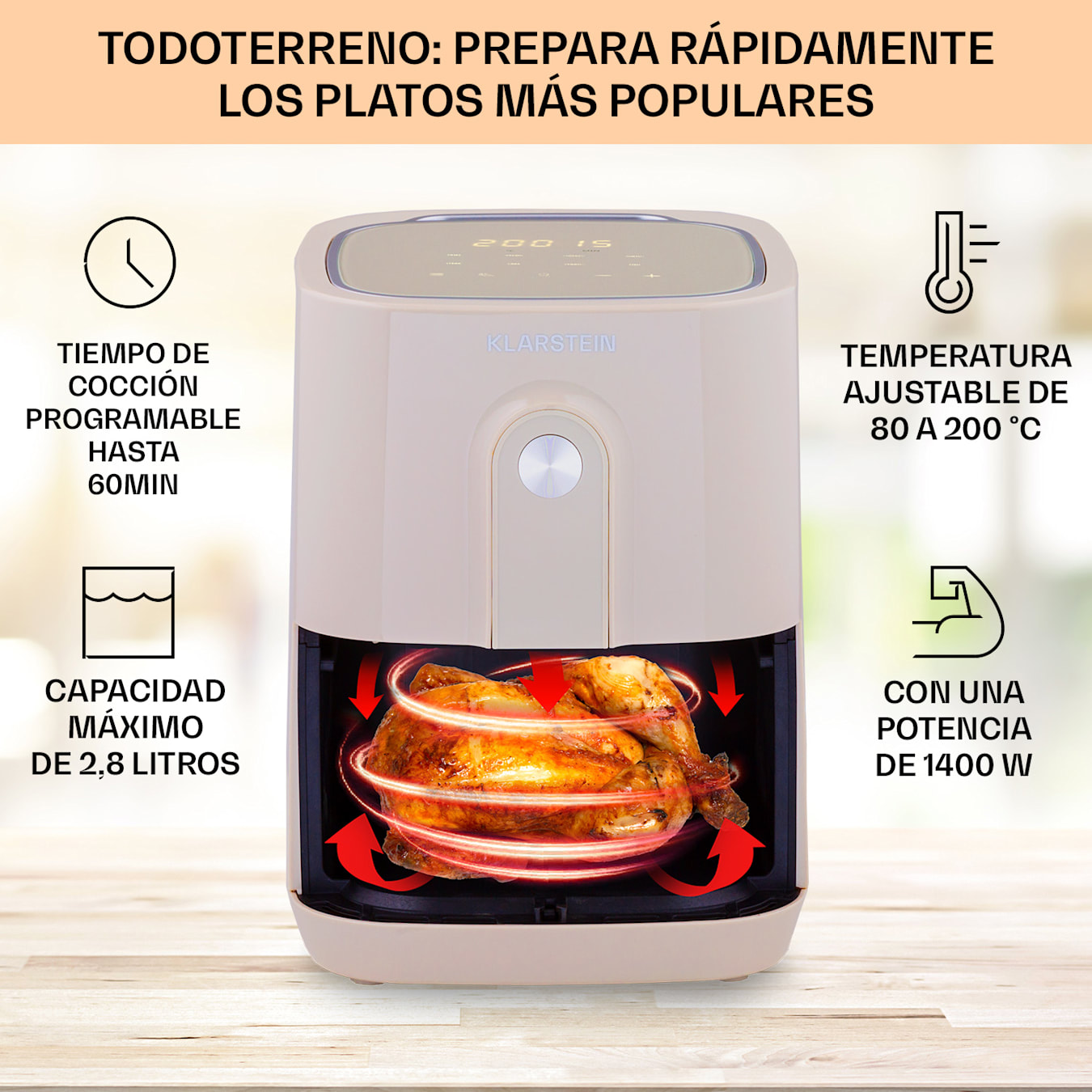 Crisp-Pro Air Fryer, 1400 vatios, 2,8 litros, 8 programas, temporizador  de 60 minutos, revestimiento antiadherente, apto para el lavavajillas, termostato: 80 - 200 °C