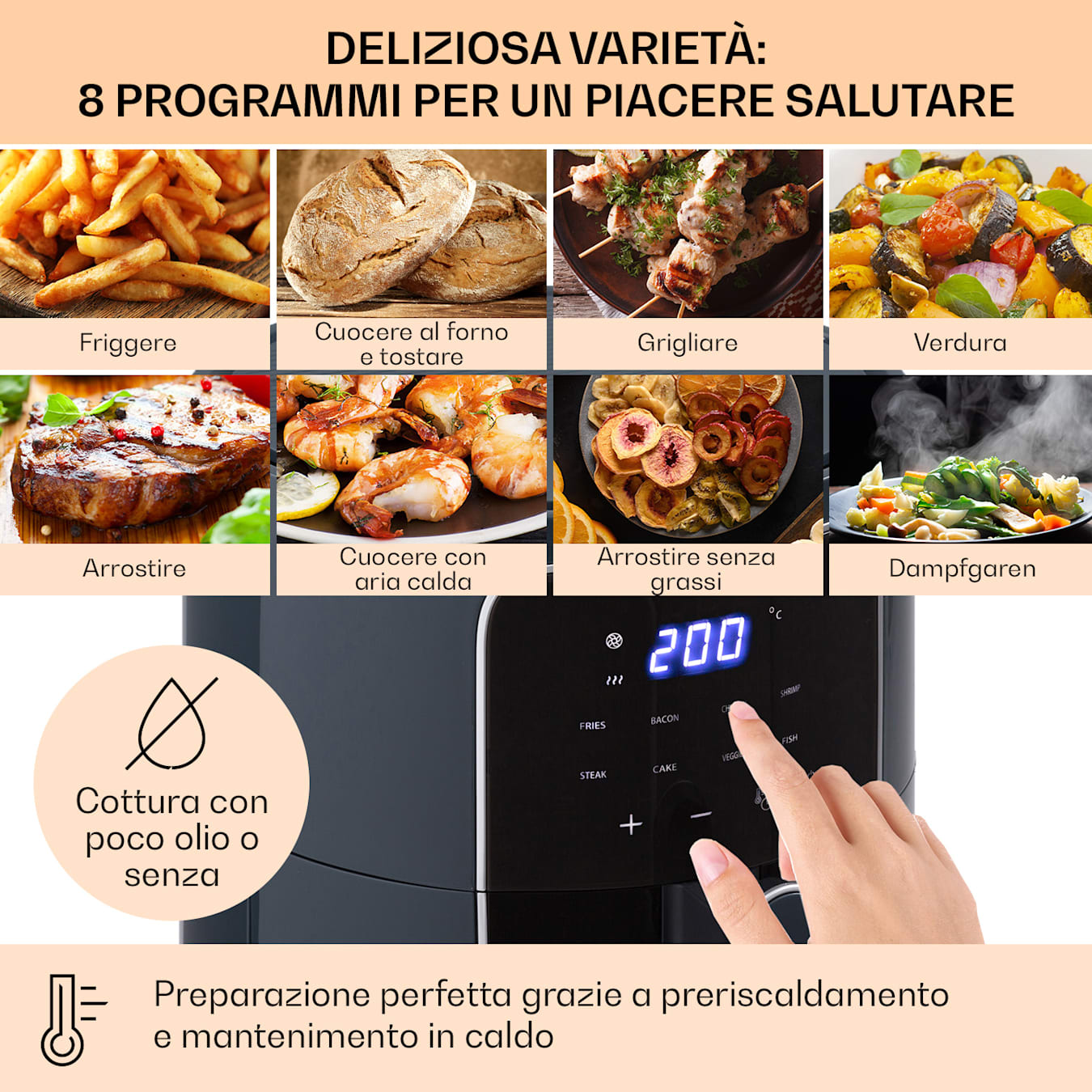 Klarstein Crisp-Pro - Friggitrice ad aria calda, air fryer, 1400 W, 3,5  litri, 8 programmi