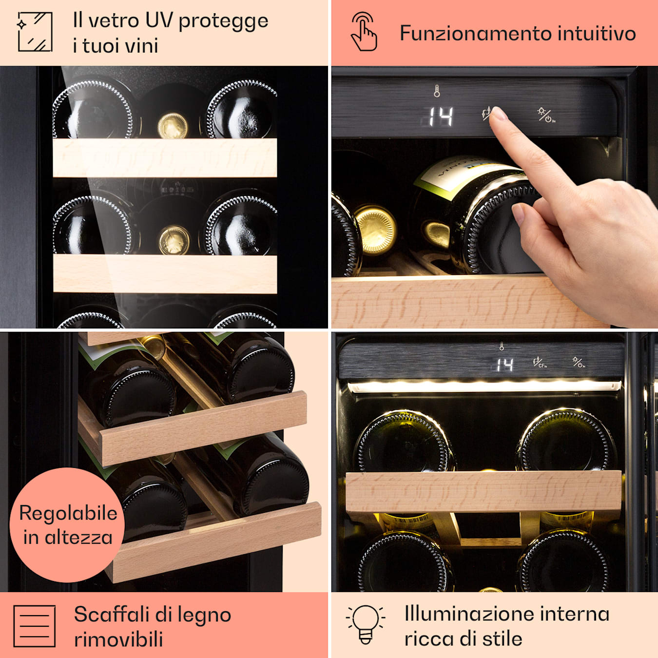 Vinovilla 20 Built-In Frigorifero per vini, 50 litri, 20 bottiglie di vino, Illuminazione interna a LED, Frontale: acciaio inox, Inodore grazie al  filtro a carboni attivi, Installazione indipende 50 litri / 20 bottiglie