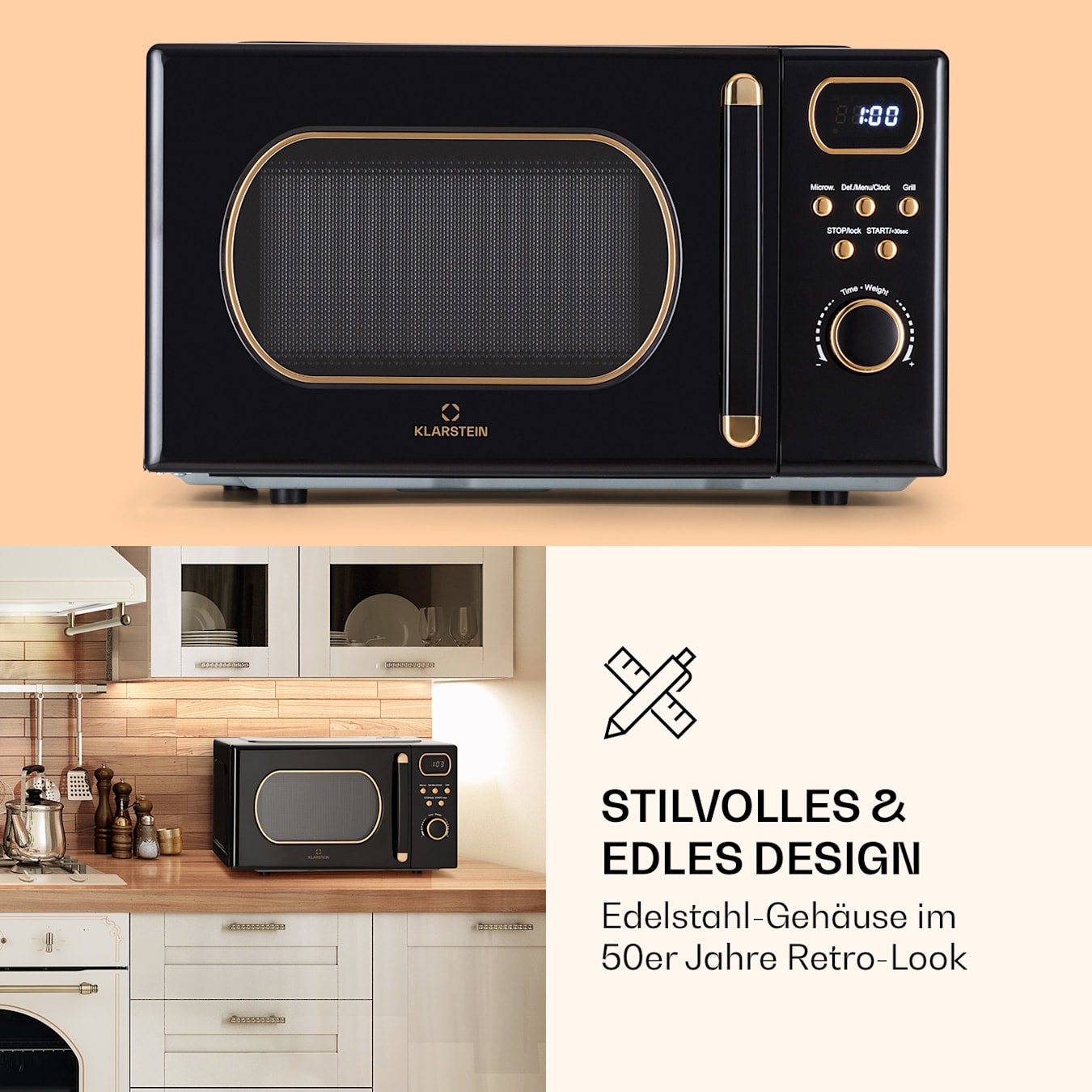 Julieta Mikrowelle mit Grill | 20 Liter | Mikrowelle: 800 W | Grill: 700 W  | 3 Grillstufen + 5 Leistungsstufen | 8 Auto-Programme | Auftau-Funktion |  25,5 cm Ø Glasteller | Retro-Design | Edelstahl-Ge Schwarz