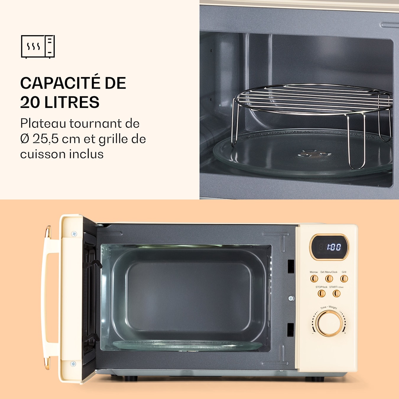 Julieta Micro-ondes, 20 litres, Micro-ondes : 800 W, Grill : 700 W, 3  programmes combinés + 5 vitesses, 8 programmes automatiques, Fonction  décongélation, Plateau de verre de 25,5 cm de Ø