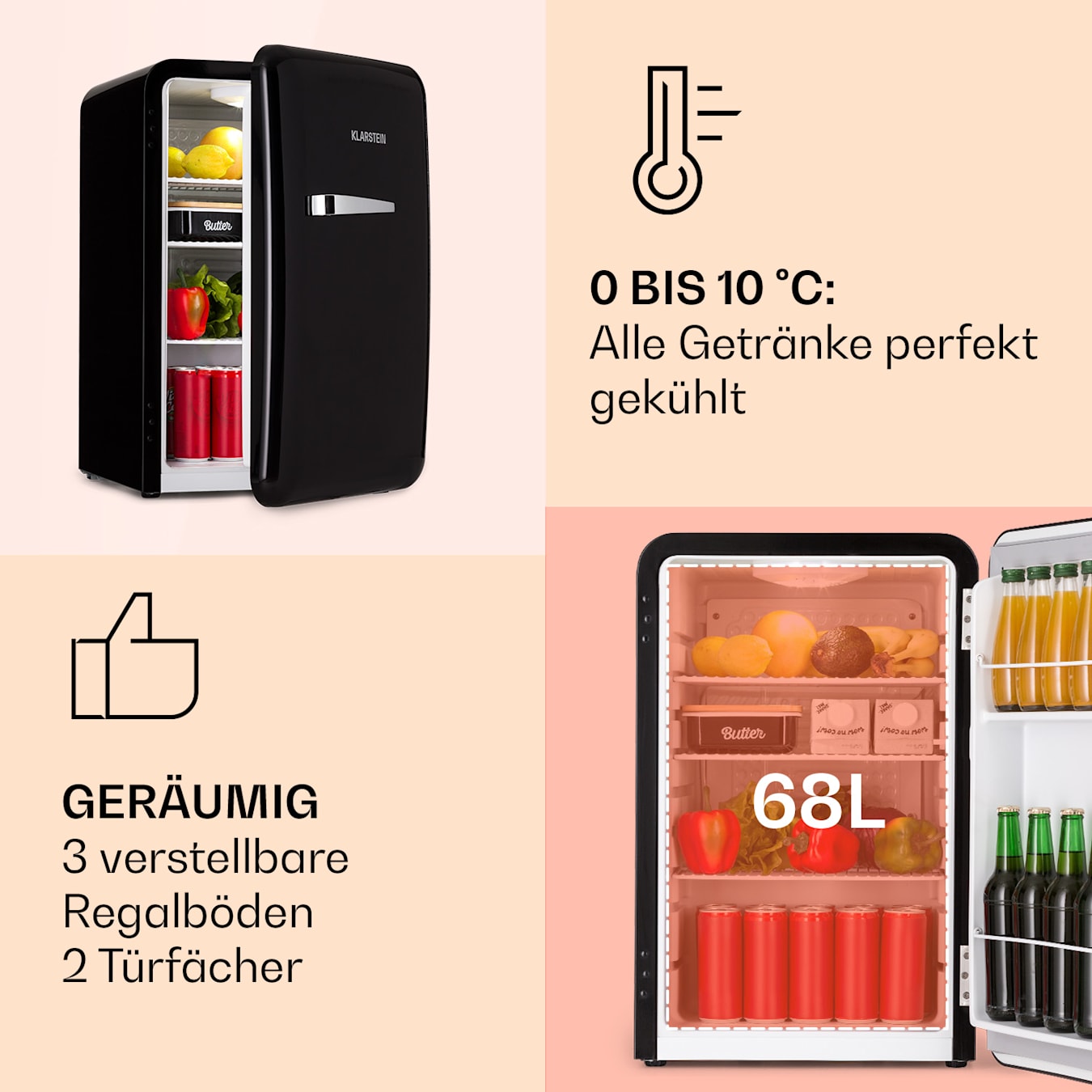 Audrey Mini Retro-Kühlschrank, Volumen: 70 Liter